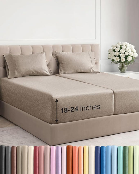 Extra Deep Split King Sheet Set - 5 Piece Cooling Sheets - Heathered Beige | Easily Fits 18 to 24 inch Mattress - Ultra Soft, Wrinkle & Fade Free with Extra Deep Pockets - Comfy Hotel Luxury Bedding
