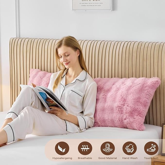 YZ HOME Faux Fur Fluffy Body Pillow for Adults, Soft Support | Firm Body Pillow, Adjustable Support for Side Sleeping, Pregnant Women, Washable cover,Gifts, 20x54 Inch (Pink)