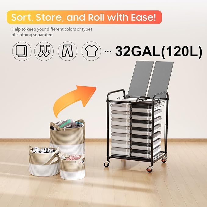 120L Laundry Sorter 2 Section, Rolling Laundry Basket with Wheels ＆ Lid | 31.7 Gal Laundry Hamper, 2 Separated Removable Bags, Lockable Wheels, Dirty Clothes Hamper for Laundry Room, Bedroom, Grey