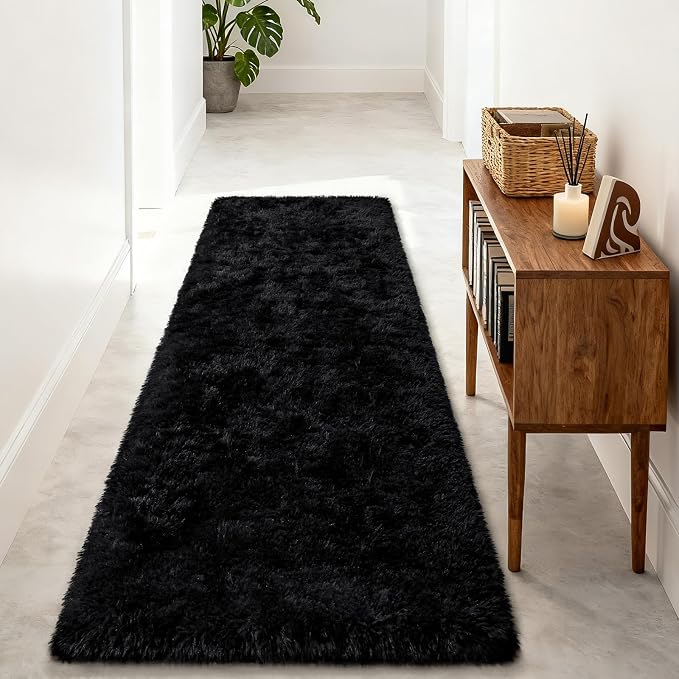 Soft Fluffy Rugs for Bedroom Living Room, 2x6 Hallway Runner Rugs, Furry Shag Bedside Area Rug Indoor Accent Floor Carpet, Plush Fuzzy Rug for Dorm Nursery Kids Room Decor, Black