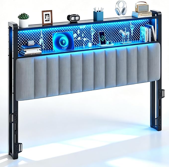 VINGLI Queen Size Headboard Only, Adjustable Upholstered Headboard with 2 Tier Shelves and Pegboard with Charging Stations and LED Lights, Modern Bed Headboard with Storage for Bedroom Decor