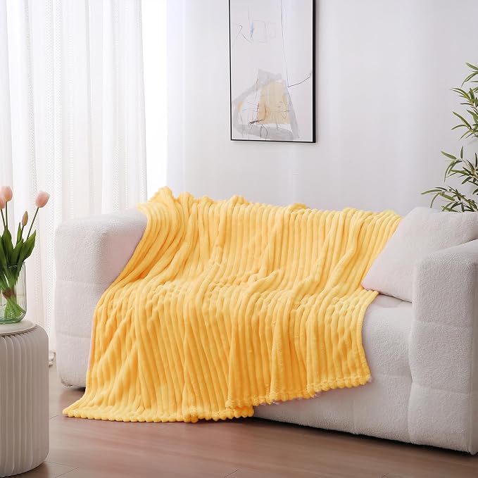 Light Yellow Fleece Throw Blanket 50”×60” for Couch Sofa Livingroom | Linecooo Super Soft Cozy Plush Microfiber Flannel Bed Blanket Striped Design Lightweight Home Decor Gifts for Adult Mom Women