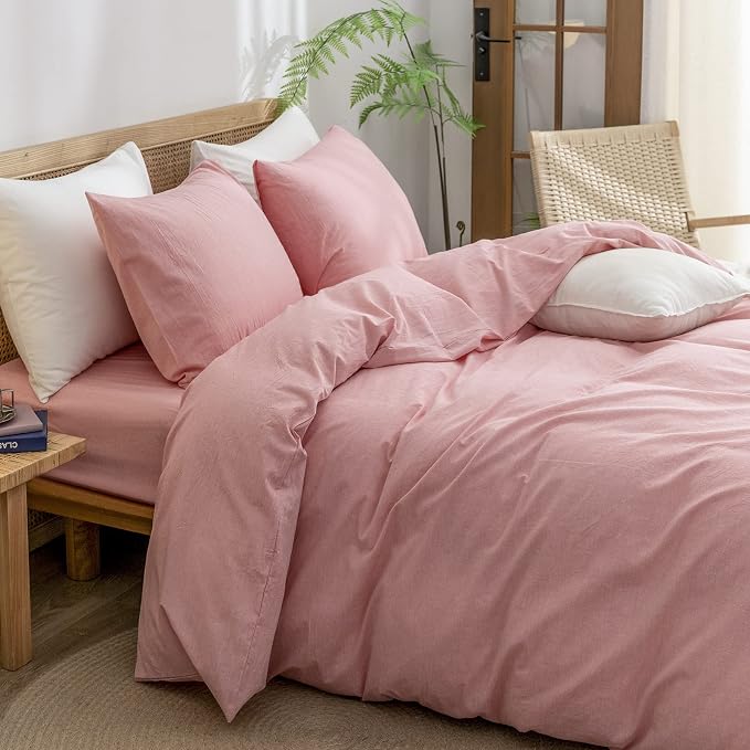 BESTOUCH Cotton Solid Duvet Cover Set Linen Feel Red Pink California King | 100% Washed Cotton, Soft Wrinkle Texture, Hidden Zipper, 8 Ties, Breathable Lightweight Durable Comfy, 3 Pcs No Insert
