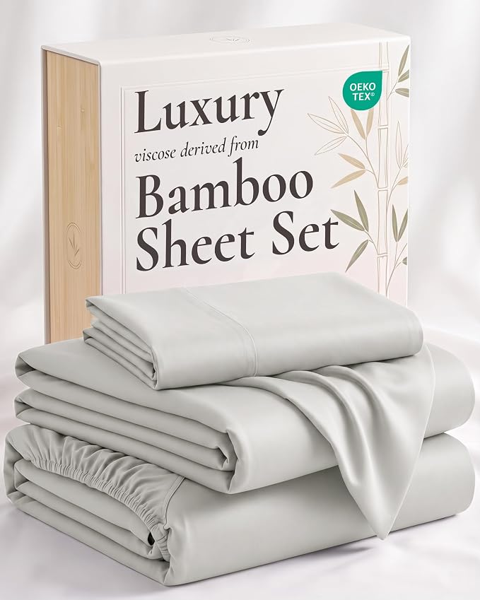 Hotel Sheets Direct 3 Piece Bed Sheet Set Twin XL Size, 100% Viscose Derived from Bamboo Sheets Set with 1 Pillowcase, Cooling & Breathable Luxury Bedding, Moisture-Wicking & Silky Soft, Light Gray