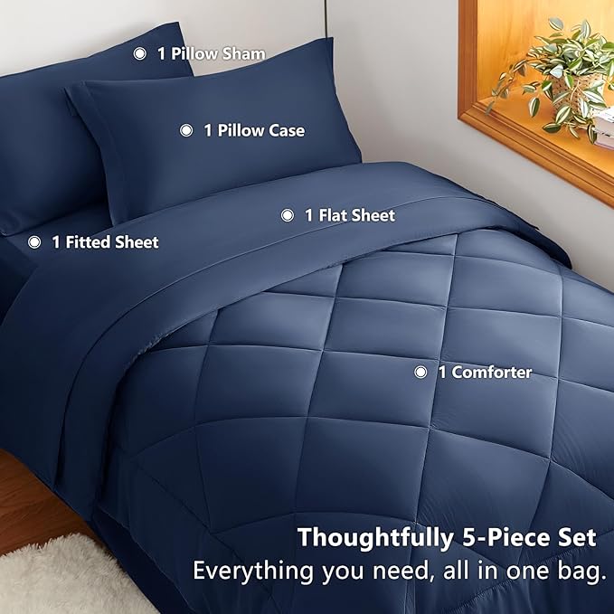 Twin Comforter Set with Sheets Navy - 5 Pieces Bed in a Bag | OEKO-TEX Certified, All Season, Teen, Single, Dorm, 240GSM Down-Alternative Comforter, Sheets, Pillowcase & Sham, Easy Care