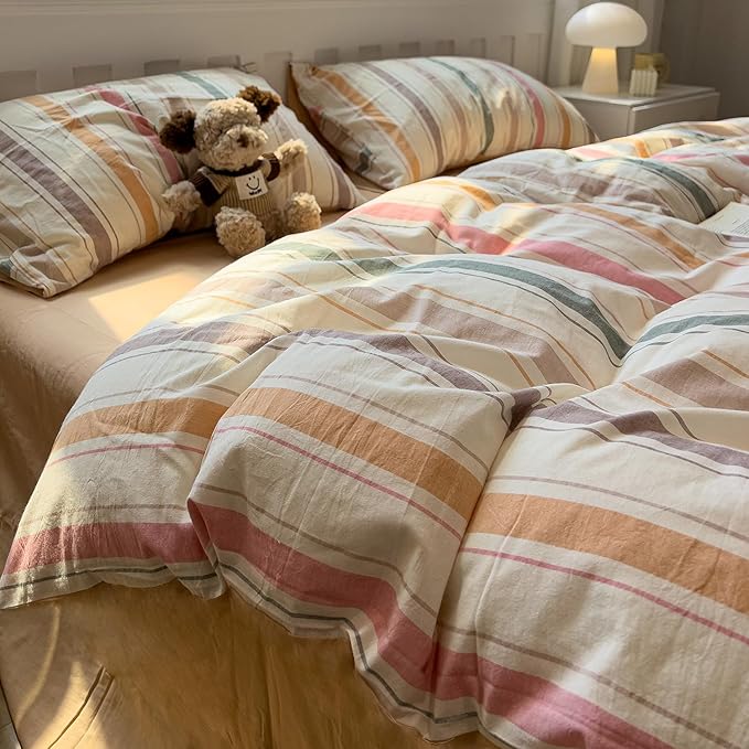 mixinni Vintage Striped Duvet Cover Set King, 3-Piece 100% Washed Cotton Bedding Set - Soft & Breathable Colorful Comforter Cover with Zipper, All-Season Lightweight Bed Set for Cozy Home