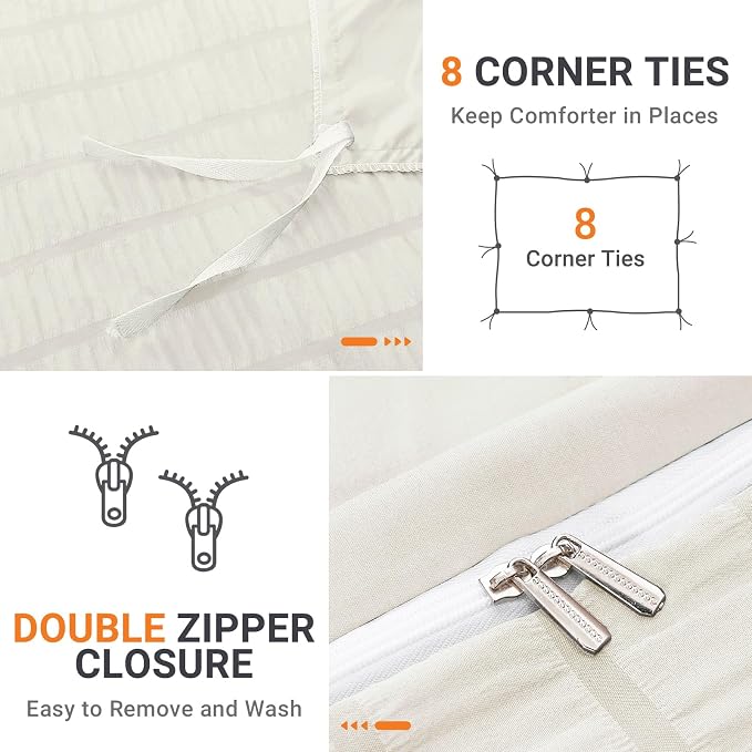 HYMOKEGE Ivory Twin Size Duvet Cover, Ultra Soft 2-Piece Seersucker Duvet Cover Set with Zipper Closure, Soft Brushed Microfiber Bedding Set with 8 Corner Ties (68"x90", 1 Pillowshams)