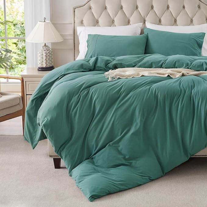 PURE ERA Jersey Knit Sheet Set Solid Teal Green Twin | 100% Cotton, 3 Piece Set, T Shirt Soft, Breathable, Envelope Closure Pillowcases, Hidden Zipper, 8 Ties, No Insert, Modern