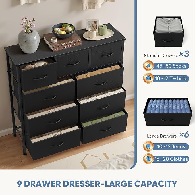 DUMOS 9 Drawer Dresser for Bedroom, Chest of Drawers | Fabric Storage Organizer, Sturdy Metal Frame Wooden Top, Closet Entryway Guest Room, Matte Black