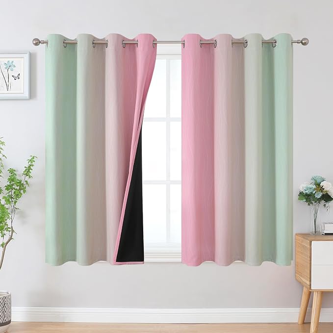 Sage Green and Pink Ombre Blackout Curtains for Bedroom | Room Darkening Curtains 54 Inch Long for Living Room,Thermal Insulated,Light Blocking Grommet Window Drapes,52Wx54L,2 Panels