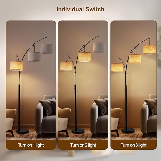 3 Light Arc Floor Lamp with Remote, Beige Shade Black Pole | 80" Dimmable Floor Lamp, 2400LM Super Bright, Independently Controlled 9W LED Energy-Saving Light Bulb, Memory Function