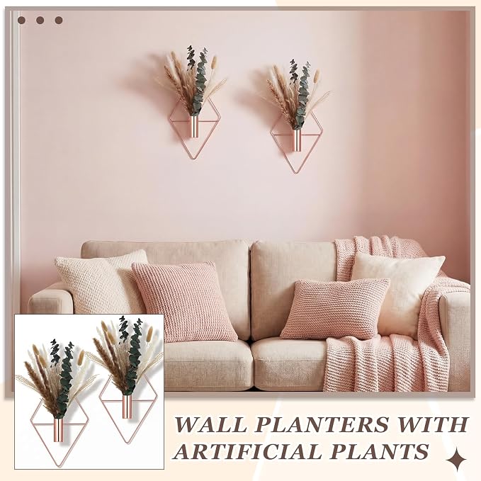 Jexine 4 Pcs Hanging Planters with Artificial Pampas Rose Gold Metal Hanging Vase Indoor Plants Holder Modern Geometric Boho Bathroom Wall Decor for Living Room Home Office