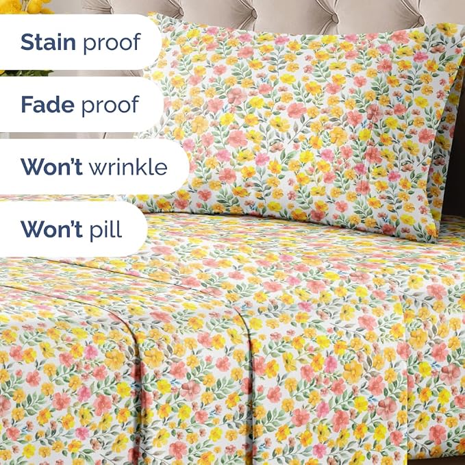 Twin 3 Piece Floral Sheet Set - Breathable & Cooling - Sun Kissed Bloom | 1 Flat, 1 Fitted & 1 Pillowcase w/ Deep Pockets, Boho Botanical Floral Bedding, Breathable & Cooling, Wrinkle & Fade Free