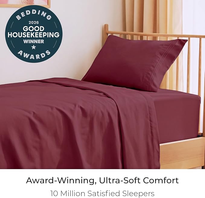 Mellanni Iconic 3-Piece, Ultra Soft Sheet Set (Twin XL, Burgundy) | 10M+ Sleepers. Lab-tested: Sleeps Cool, Stays Bright, Strong, Smooth. Good Housekeeping Best Bedding, 7 yrs running.