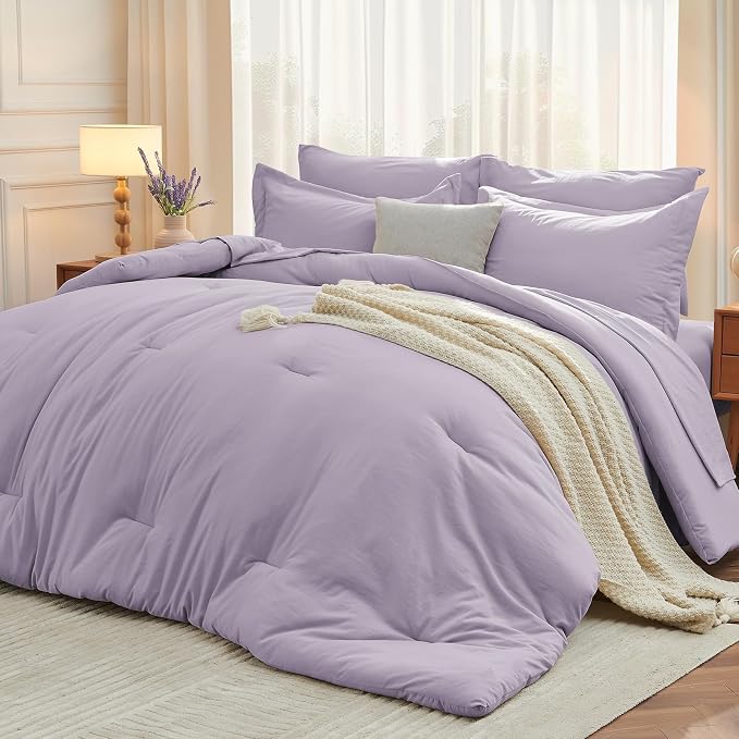 7 Pieces King Comforter Set, Soft Bed in a Bag King Size, All Season Bedding Set with Comforter, Flat Sheet, Fitted Sheet, Pillowcases & Shams, Lavender