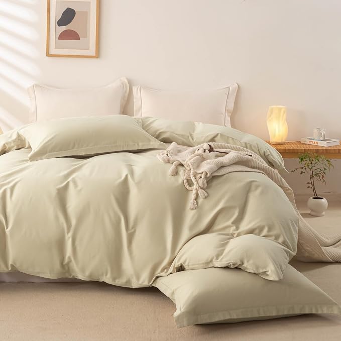 OAITE Duvet Cover Set 100% Washed Cotton Solid 3pcs | Soft,Durable,Long-staple Cotton,Hidden Zipper with 8 Interior Corner Ties,2 Pillowcases