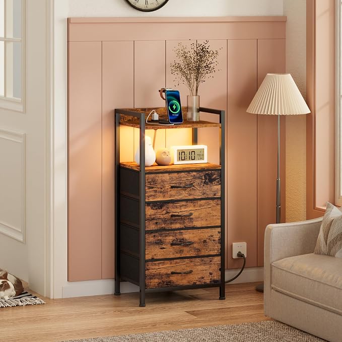 Furnulem Night Stand with Charging Station, 4 Drawer Tall Bedside Table | small dresser for bedroom, with LED light & Remote Control, Fabric Bins and Metal Frame,Wood Desk Top,Easy Assemble for Dorm