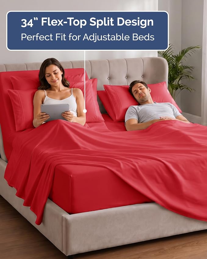 CGK Unlimited Extra Deep Flex Top Split Head King Sheet Set - 6 Piece Breathable and Cooling Sheets - Hotel Luxury Bedding for Women, Men, Kids & Teens - Easy Secure Fit - Extra Deep Pockets - Red