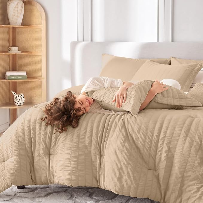 7 Pieces Queen Comforter Set, Seersucker Bed in a Bag Queen Size, All Season Luxury Bedding Set with Comforter, Flat Sheet, Fitted Sheet, Pillowcases & Shams, Khaki