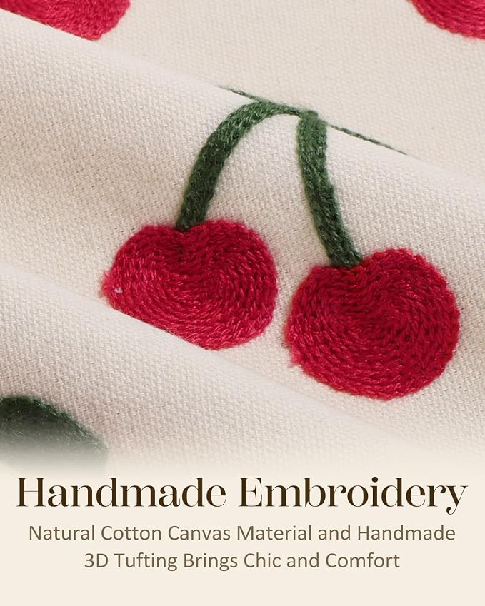 Embroidered Throw Pillow Cover 18x18 Inch, Little Cherry | Decorative Pillow Cover, Vintage Cottagecore Cushion Case with Hidden Zipper, Decor for Couch, Sofa, Living Room, Bedroom