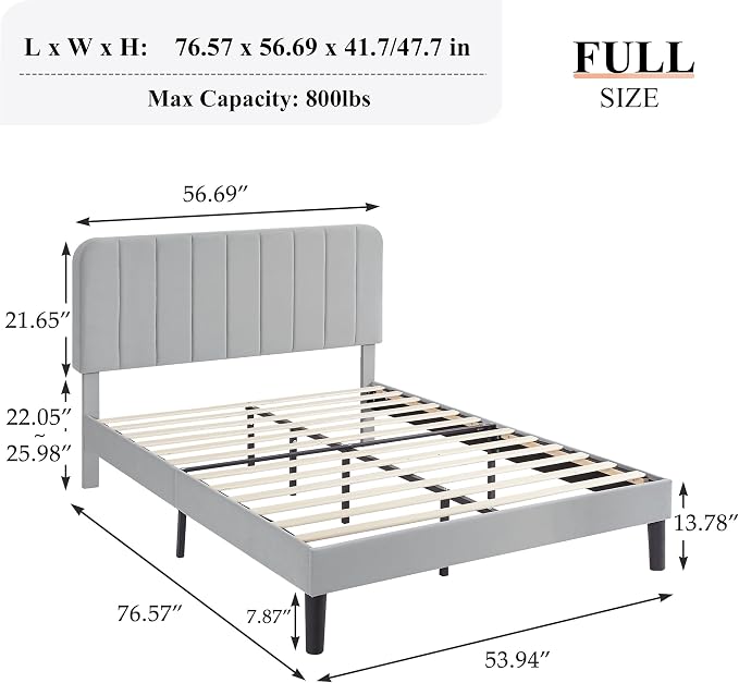 VECELO Full Size Bed Frame with Upholstered Headboard, Velvet Platform Bedframe Mattress Foundation, Strong Wood Slat Support, No Box Spring Needed,Light Grey