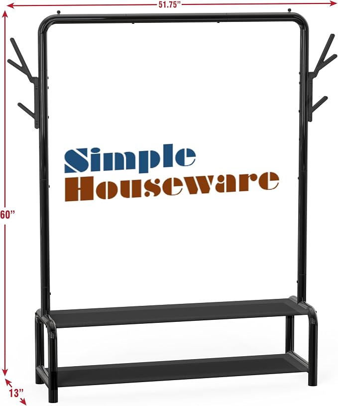 Simple Houseware 52" W Freestanding Closet Garment Rack with Shelves, Black | With 600D Fabric Shelves, Hanger Stoppers, and Hooks for Coat & Hat