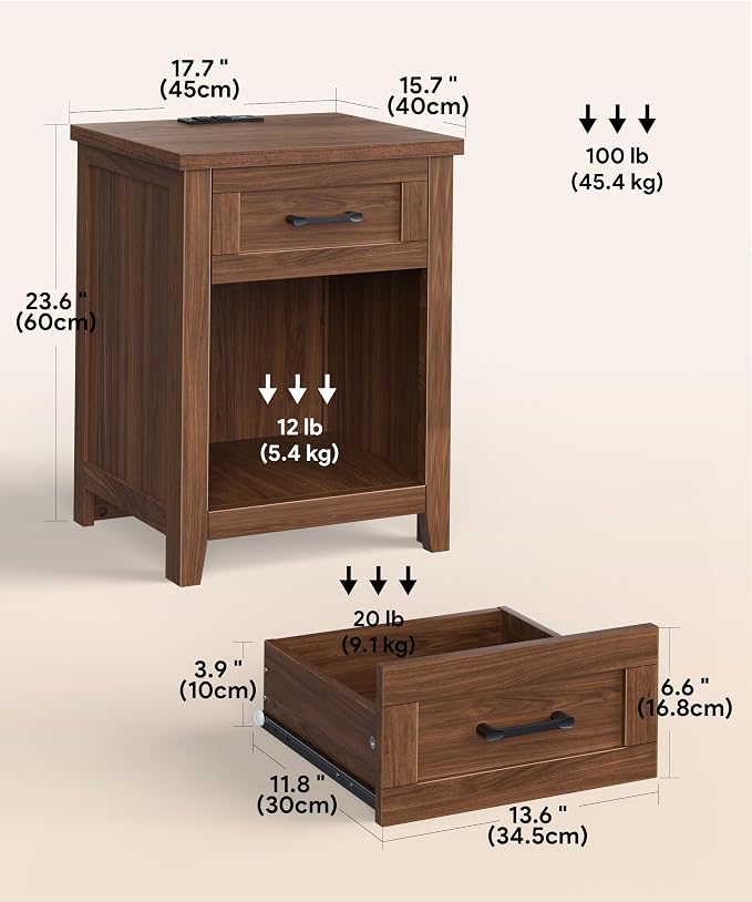 Decofy Farmhouse Nightstand with Charging Station & Large Storage, Set of 2 Modern End Tables with Outlets, USB Ports and Type-C Ports, Easy Assembly for Bedroom (Walnut)