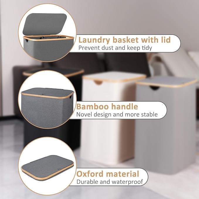 IEGrow Laundry Hamper with Lid,150L Laundry Basket with 2 Mesh Bags,Grey | Dirty Clothes Hamper Basket with Bamboo Handle for Clothes Towels