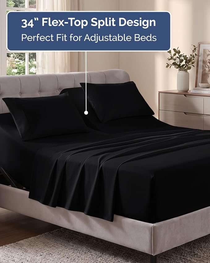 Flex Top Split Head King Sheet Set - 4 Piece Extra Deep Sheets - Black | Easily Fits 18 to 24 inch Mattress, Ultra Soft, Wrinkle & Fade Free with Extra Deep Pockets, Comfy Hotel Luxury Bedding