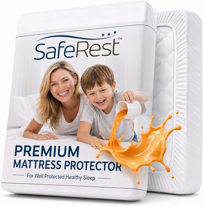 SafeRest Waterproof Crib Size Mattress Protector | Fitted with Stretchable Pockets, Machine Washable, Cotton Blend Mattress Cover for Bed