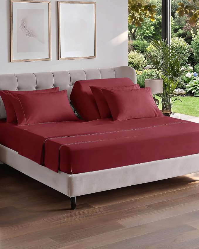 Flex Top Split Head King 6 Piece Sheet Set - Soft & Cooling - Burgundy | Ultra Soft Hotel Luxury Bedding Set w/ 8-16 Inch Deep Pockets, 1 Flat & 1 Split-Head Fitted Sheet & 4 Pillowcases, Fade Free