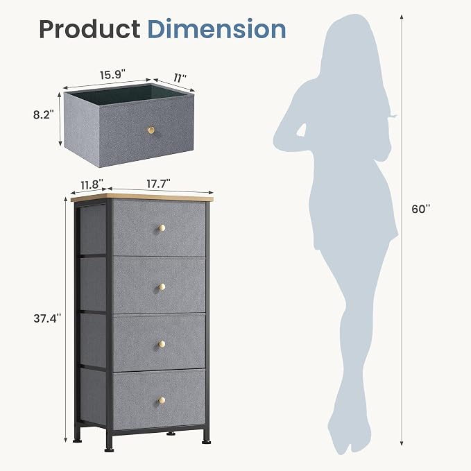 DUMOS Nightstand with 4 Drawers, Bedside Table with Removable Fabric Bins, Sturdy Steel Frame Wood Top Organizer Furniture for Bedroom Closet Living Room, Gray Blue