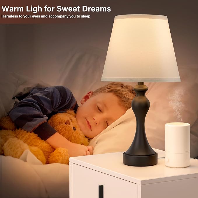 Touch Lamps for Nightstand, 3 Way Dimmable Bedside Lamps with USB C+A Ports | Touch Control, LED Bulb Included, Small Black Table Lamp for Bedroom, Night Stands, End Table, Gift，Corded，White Shade