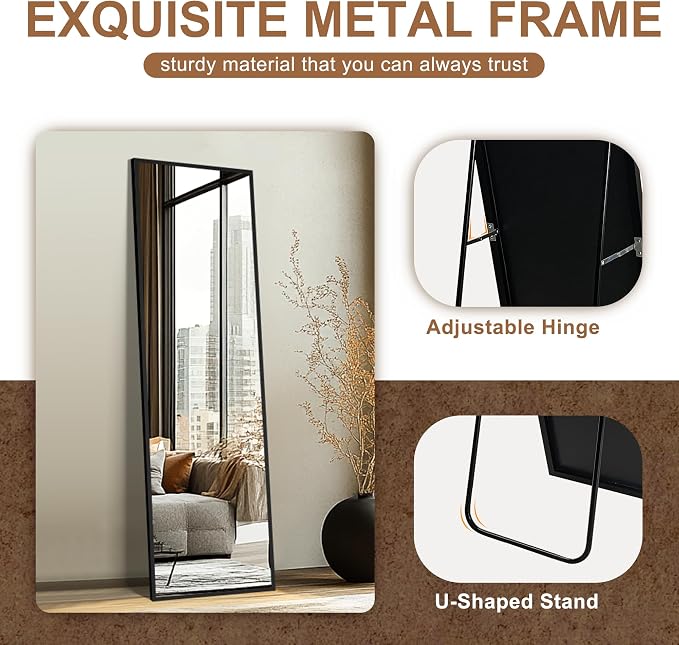 Full Length Mirror with Stand, Black Floor Mirror | Aluminium alloy frame with HD float glass for distortion-free reflection. Free standing or wall mounted.