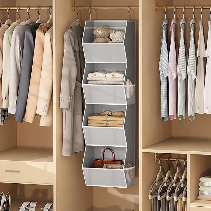 Hanging Closet Organizer 4 Shelf Collapsible Bedroom Closet Organizers and Storage Hanging with Mesh Pockets for Clothes, Fabric Hanging Storage Bins for Wardrobe Closet Organization and Storage, Grey