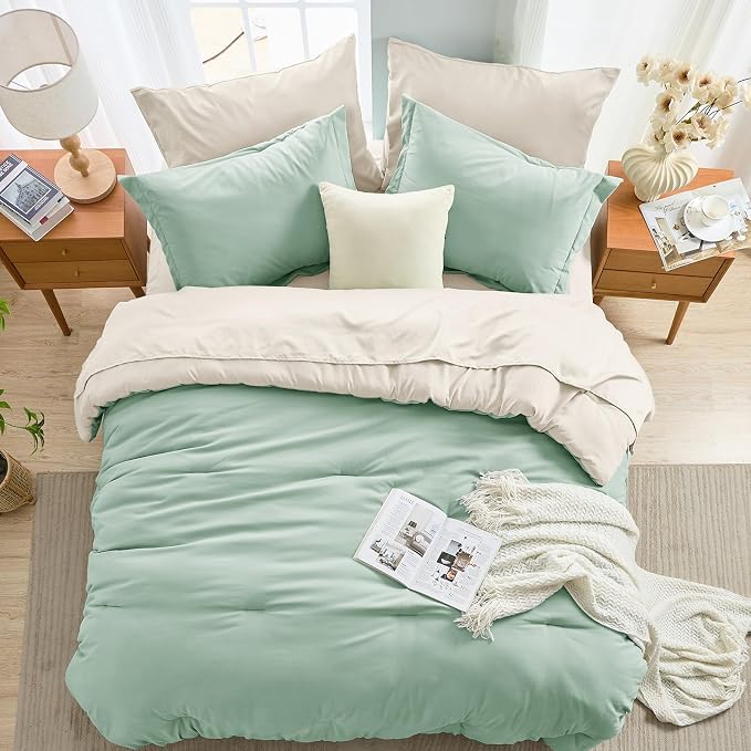 7 Pieces Queen Comforter Set, Soft Bed in a Bag Queen Size, All Season Bedding Set with Comforter, Flat Sheet, Fitted Sheet, Pillowcases & Shams, Sage Green & Beige