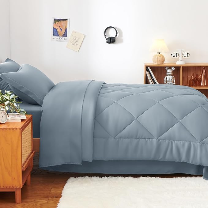 Twin XL Comforter Set Dusty Blue - 5 Pieces Complete Bedding Set | College Dorm Essentials, OEKO-TEX Certified, All Season, 240GSM Down-Alternative Comforter, Sheets, Pillowcase & Sham