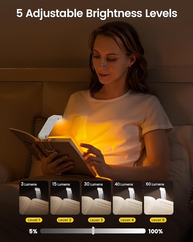 Glocusent Eye-Caring 12 LED Book Light, Compact Rechargeable Reading Light | Wide Full-Page Lighting, 5 Colors & 5 Brightness, Eye-Caring Bed Reading, Up to 100Hrs, Book Lovers, USB-C Rechargeable