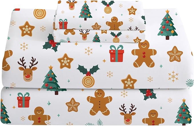 Softan Christmas Holiday Microfiber King Sheet Set with Non-Slip Straps | 15" Deep Pocket Fitted Bed Sheets, Printed Sheets, Christmas Gathering Pattern, Cozy Sheets & Pillowcase Set for All Season