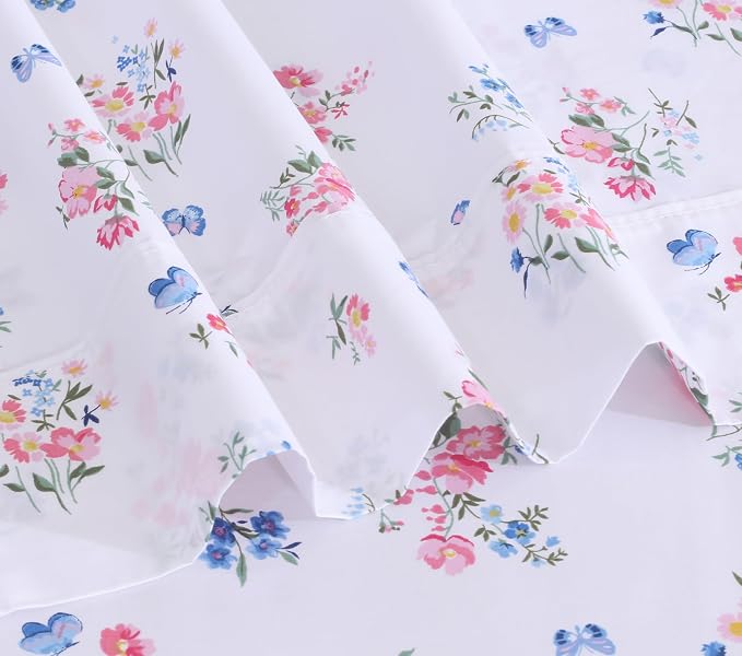 RUVANTI 100% Cotton Percale Sheets Split King Size, Funa Flora | Crisp Cooling, Deep Pocket 16", Soft Breathable & Durable, Hotel-Style, 5 Piece Set