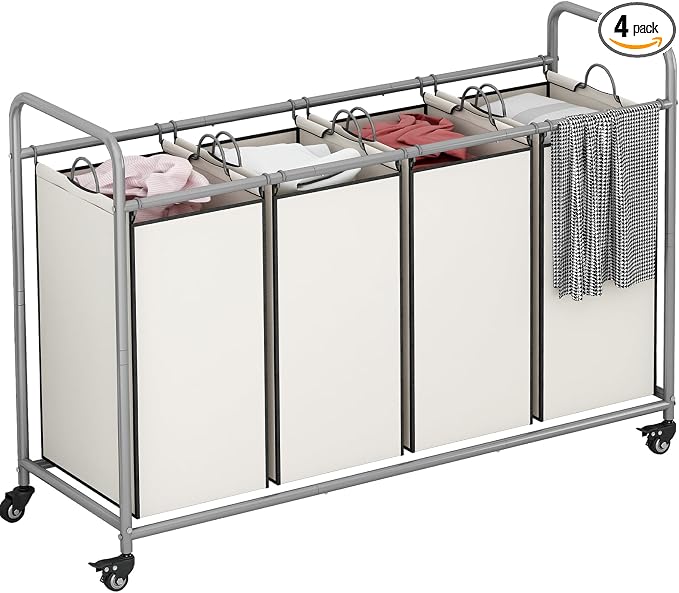 LINZINAR 4 Section Laundry Hamper, Beige Laundry Basket 180L Laundry Sorter | Laundry Room Organization with Heavy Duty Rolling Lockable Wheels and Removable Bag, Bedroom Laundry Cart for Clothes Storage