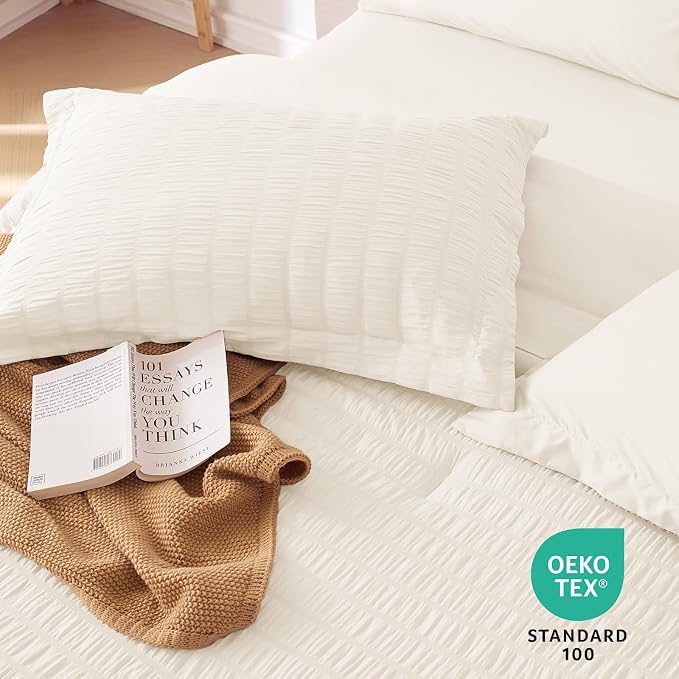 5 Pieces Twin Comforter Set, Seersucker Bed in a Bag Twin Size, All Season Luxury Bedding Set with Comforter, Flat Sheet, Fitted Sheet, Pillowcase & Sham, Ivory
