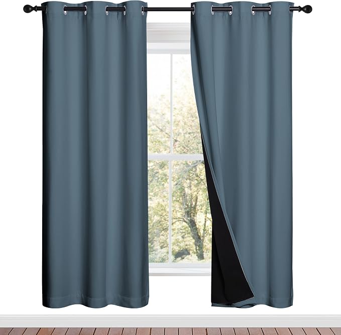 NICETOWN 100% Blackout Window Curtain Panels, Smoky Blue, 2 Pieces, 42-inch Wide Per Panel, Full Light Blocking Drapes with Black Liner for Nursery, 72-inch Drop Thermal Insulated Draperies