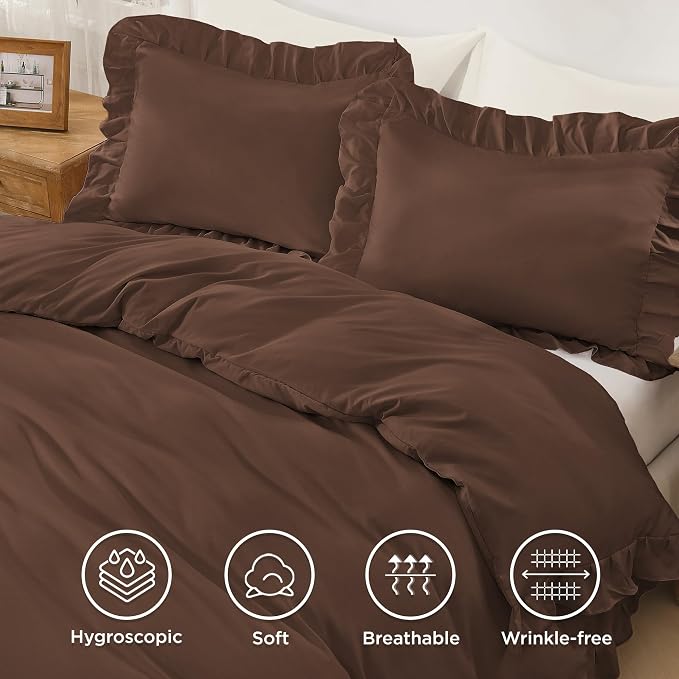 Andency Brown Ruffle Duvet Cover King, Shabby Chic Farmhouse Bedding Set | 3 Pieces Soft Washed Polyester Vintage Ruffled Comforter Cover Set with Zipper Closure & Corner Ties, 104x90Inch
