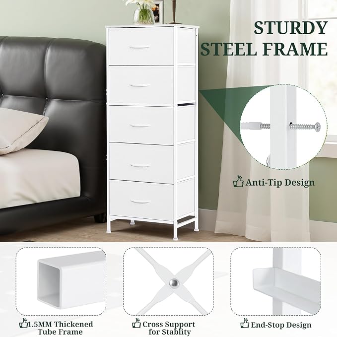5 Drawers Dresser for Bedroom Fabric Storage Tower with Wooden Top | Steel Frame Tall Chest of Drawers for Closet, Entryway, Dorm, White