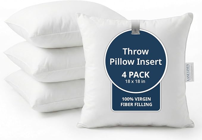 LANE LINEN 4 Pack 18x18 White Throw Pillow Inserts for Decorative Pillow Covers, Couch Pillows for Living Room, Fluffy Pillows for Bed | Solid White Inserts For Sofa Back Support - Fluffy Down Alternative Fill, Shape Retention, Everyday Home Decor Refresh