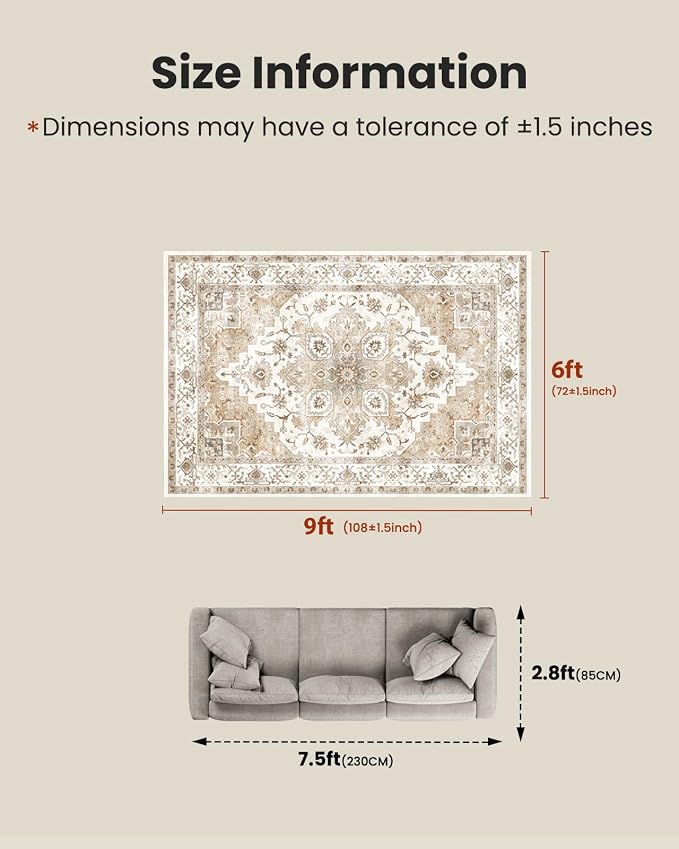AMADA HOMEFURNISHING 6x9 Area Rugs, Beige Washable Rug Low-Profile with Non-Slip Backing & Durable Edge Binding, Vintage Rugs for Living Room, Bedroom, Dinning Room
