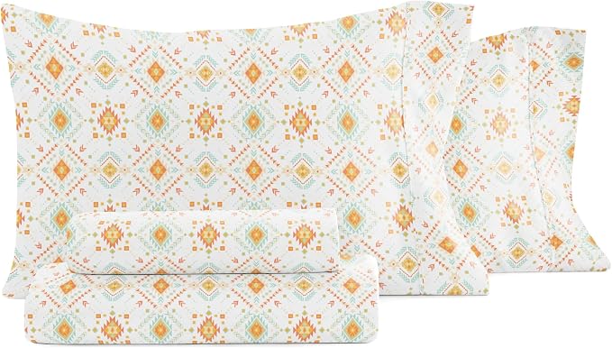 Linen Market Patterned Microfiber Queen Sheet Set 4 Piece – Oeko-TEX Certified Ultra Soft & Wrinkle-Free - 16" Deep Pocket Sheets - Easy Care Queen Size - Aztec Dreams Coral