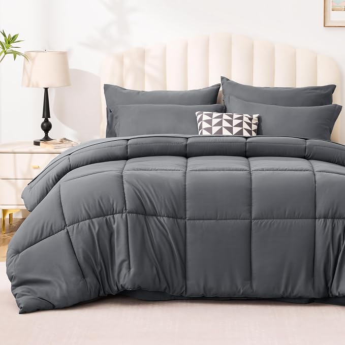 Love's cabin Queen Comforter Set Soot Grey, 7 Pieces Queen Bed in a Bag, All Season Bedding Sets with 1 Comforter, 1 Flat Sheet, 1 Fitted Sheet, 2 Pillowcase and 2 Pillow Sham