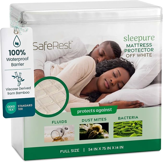 SafeRest Sleepure Waterproof Mattress Protector Full Size - Viscose Derived from Bamboo - Fitted with Stretchable Pockets - Machine Washable Cotton Full Mattress Cover for Bed